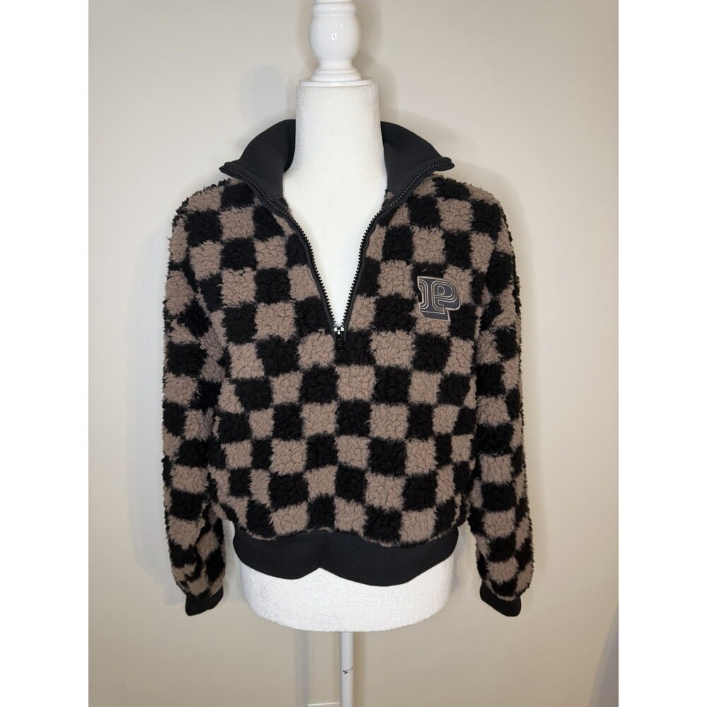 VICTORIA'S SECRET PINK Black & Tan COZY FLEECE 1/2 ZIp PULLOVER XS CHECKERED